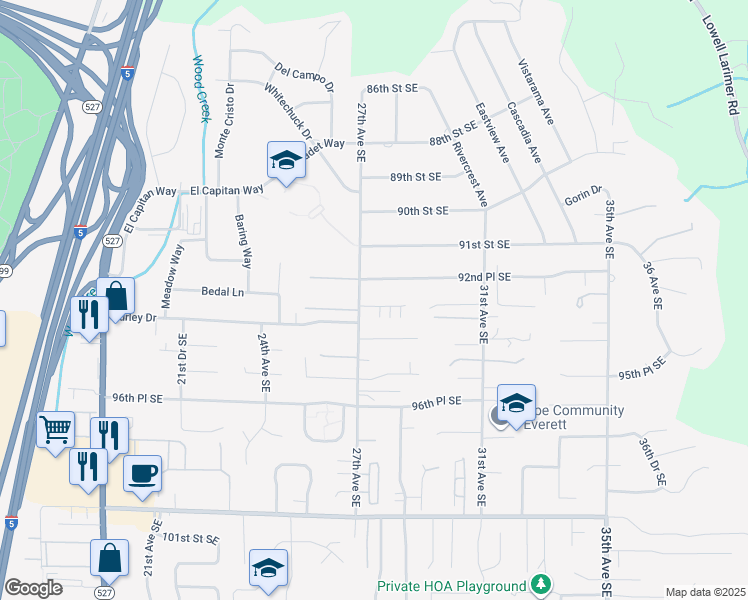 map of restaurants, bars, coffee shops, grocery stores, and more near 2710 93rd Place Southeast in Everett