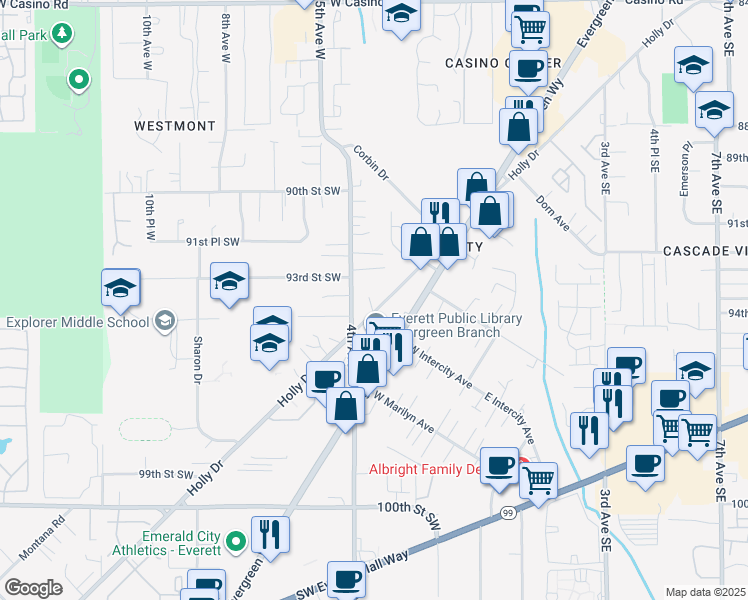 map of restaurants, bars, coffee shops, grocery stores, and more near 9320 Holly Drive in Everett