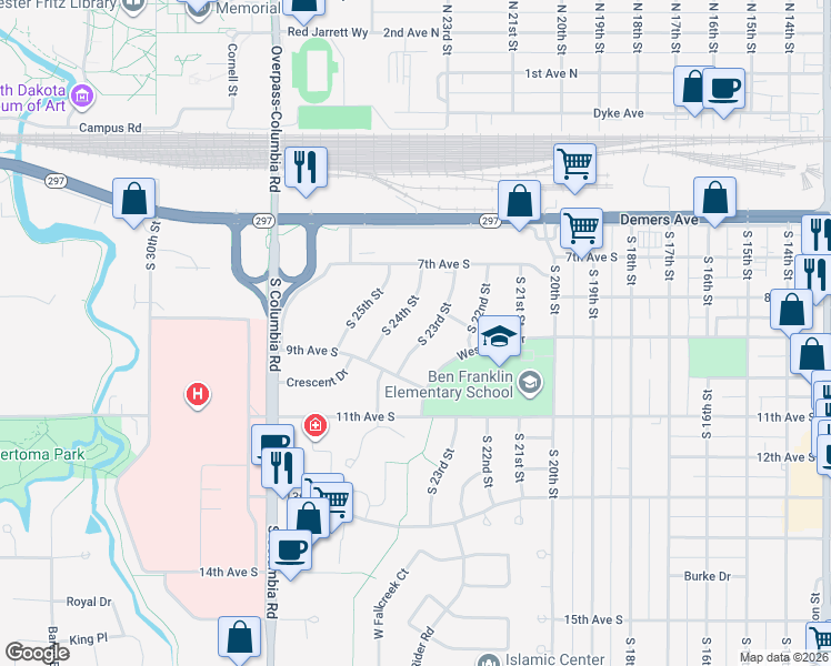 map of restaurants, bars, coffee shops, grocery stores, and more near 831 South 23rd Street in Grand Forks