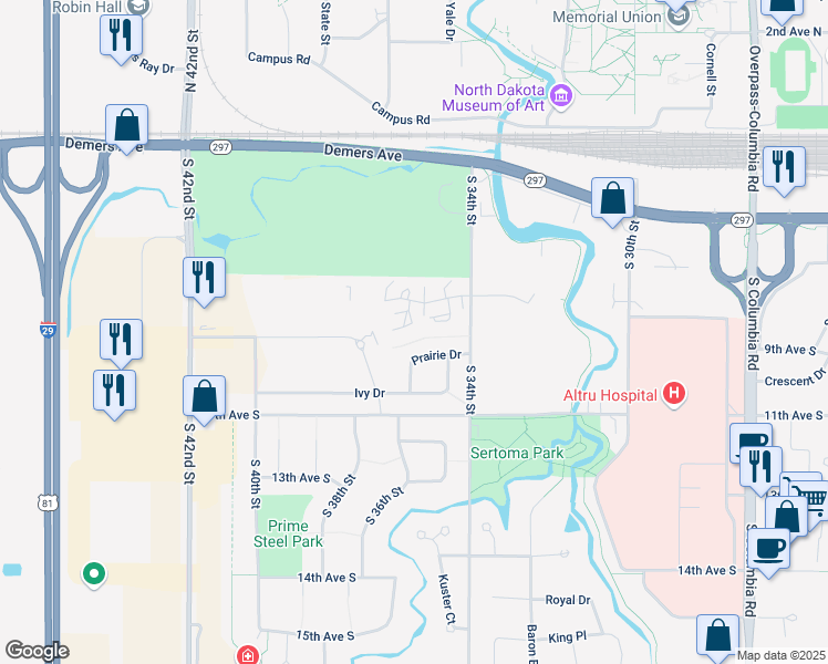 map of restaurants, bars, coffee shops, grocery stores, and more near 3556 Prairie Dr in Grand Forks