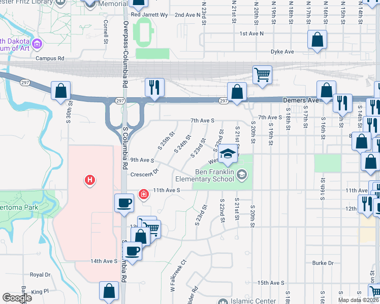 map of restaurants, bars, coffee shops, grocery stores, and more near 831 South 23rd Street in Grand Forks
