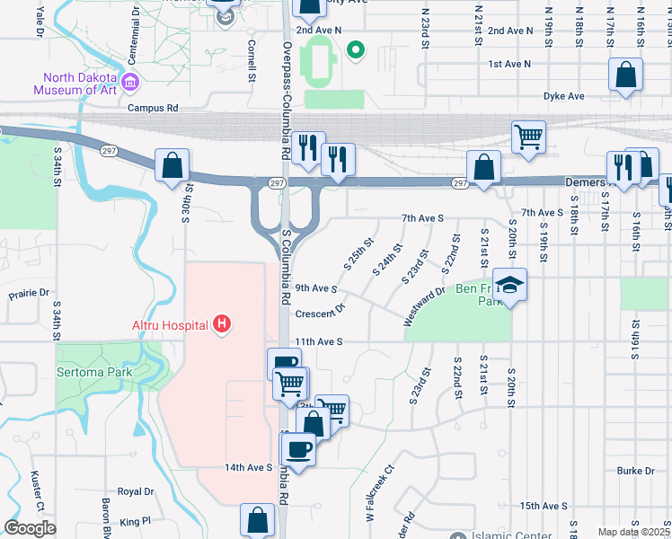 map of restaurants, bars, coffee shops, grocery stores, and more near 824 South 25th Street in Grand Forks