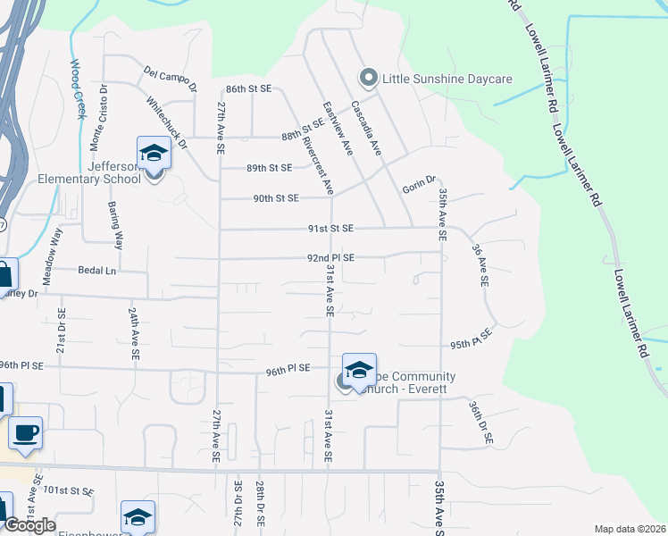 map of restaurants, bars, coffee shops, grocery stores, and more near 9811 31st Avenue Southeast in Everett