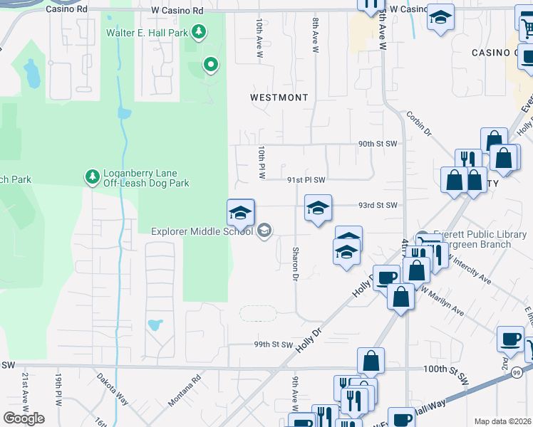 map of restaurants, bars, coffee shops, grocery stores, and more near 9320 Sharon Drive in Everett