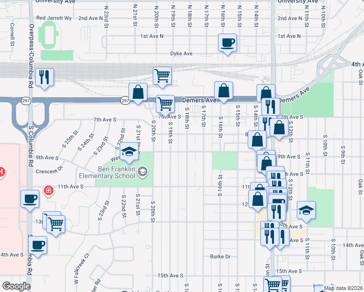 map of restaurants, bars, coffee shops, grocery stores, and more near 920 South 18th Street in Grand Forks