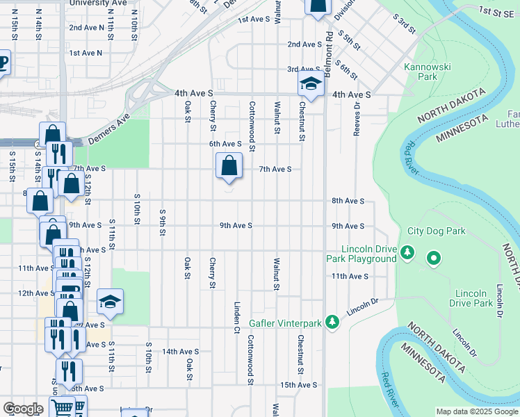 map of restaurants, bars, coffee shops, grocery stores, and more near 822 Cottonwood Street in Grand Forks