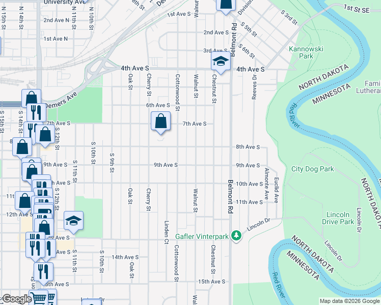 map of restaurants, bars, coffee shops, grocery stores, and more near 824 Walnut Street in Grand Forks