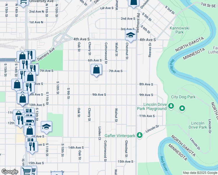map of restaurants, bars, coffee shops, grocery stores, and more near 822 Cottonwood Street in Grand Forks