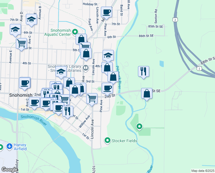 map of restaurants, bars, coffee shops, grocery stores, and more near 265 Pine Avenue in Snohomish