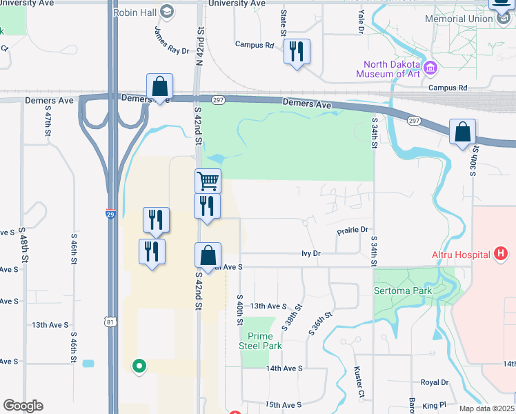 map of restaurants, bars, coffee shops, grocery stores, and more near 3920 Garden View Drive in Grand Forks