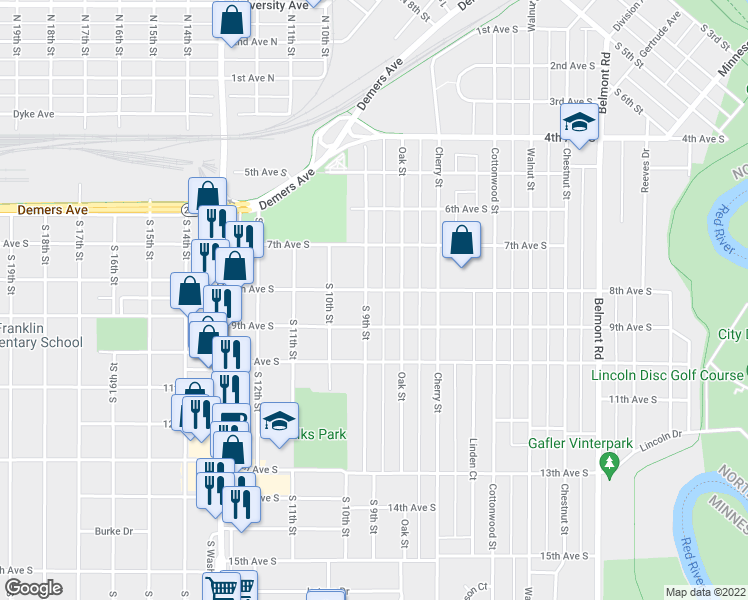 map of restaurants, bars, coffee shops, grocery stores, and more near 805 South 9th Street in Grand Forks