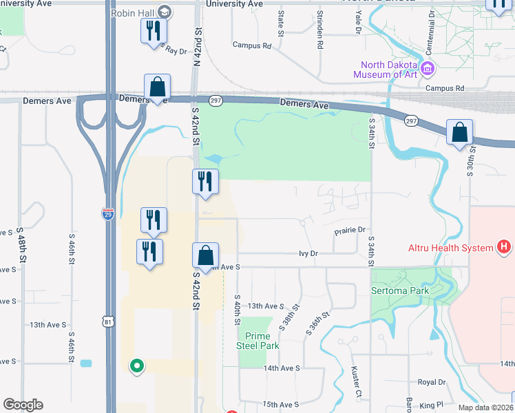 map of restaurants, bars, coffee shops, grocery stores, and more near 3920 Garden View Drive in Grand Forks