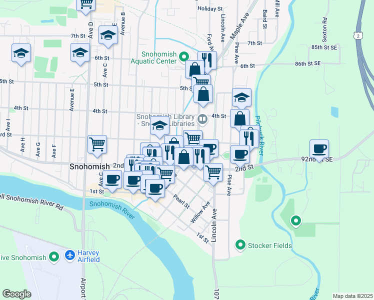 map of restaurants, bars, coffee shops, grocery stores, and more near 614 3rd Street in Snohomish