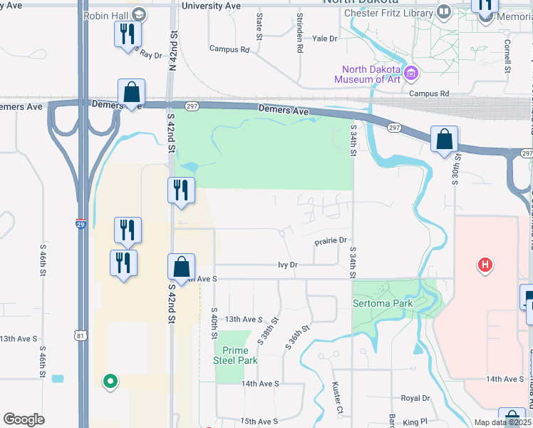 map of restaurants, bars, coffee shops, grocery stores, and more near 3750 Garden View Drive in Grand Forks