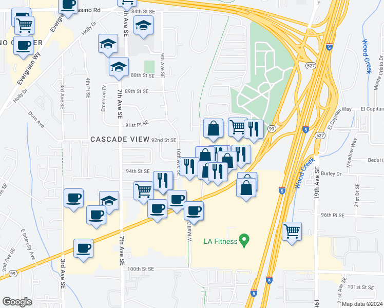 map of restaurants, bars, coffee shops, grocery stores, and more near 9300 West Mall Drive in Everett