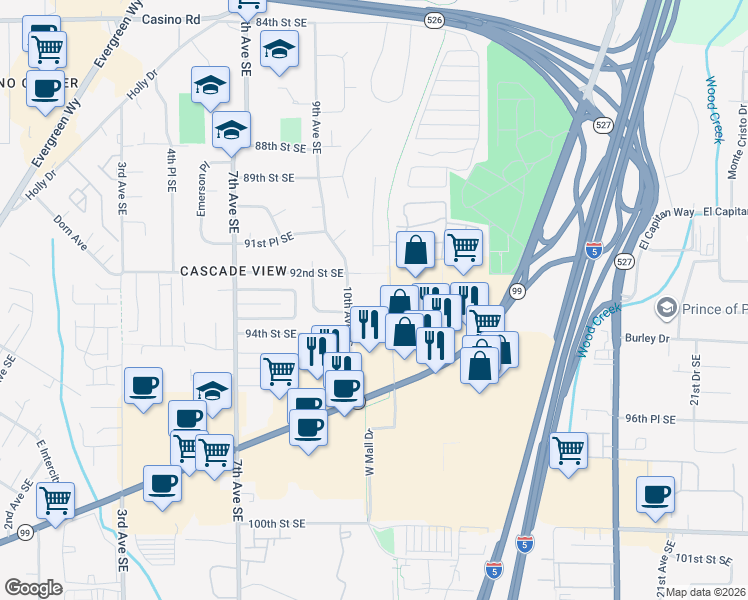 map of restaurants, bars, coffee shops, grocery stores, and more near 9300 West Mall Drive in Everett