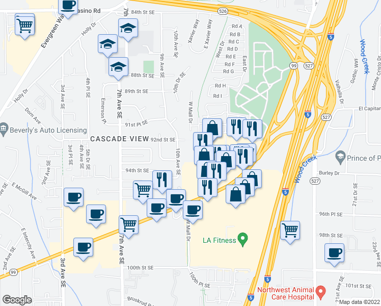 map of restaurants, bars, coffee shops, grocery stores, and more near 9300 West Mall Drive in Everett