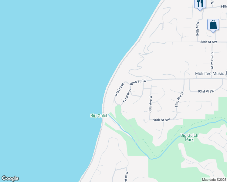 map of restaurants, bars, coffee shops, grocery stores, and more near 9210 63rd Place West in Mukilteo