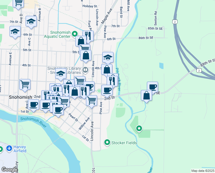 map of restaurants, bars, coffee shops, grocery stores, and more near 265 Pine Avenue in Snohomish
