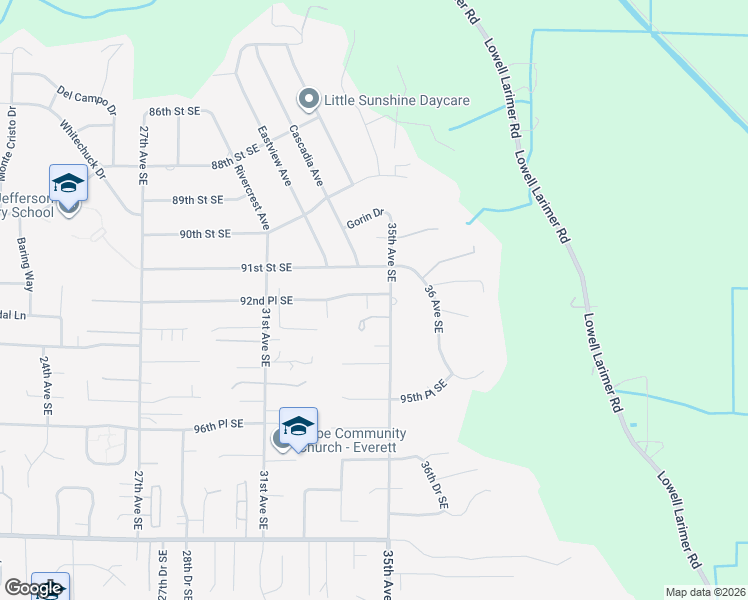 map of restaurants, bars, coffee shops, grocery stores, and more near 3418 91st Street Southeast in Everett
