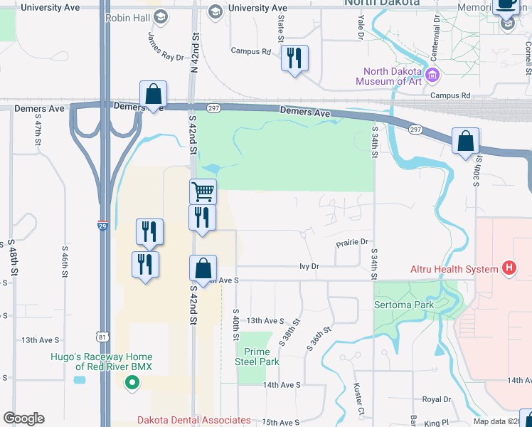 map of restaurants, bars, coffee shops, grocery stores, and more near 3850 Garden View Drive in Grand Forks