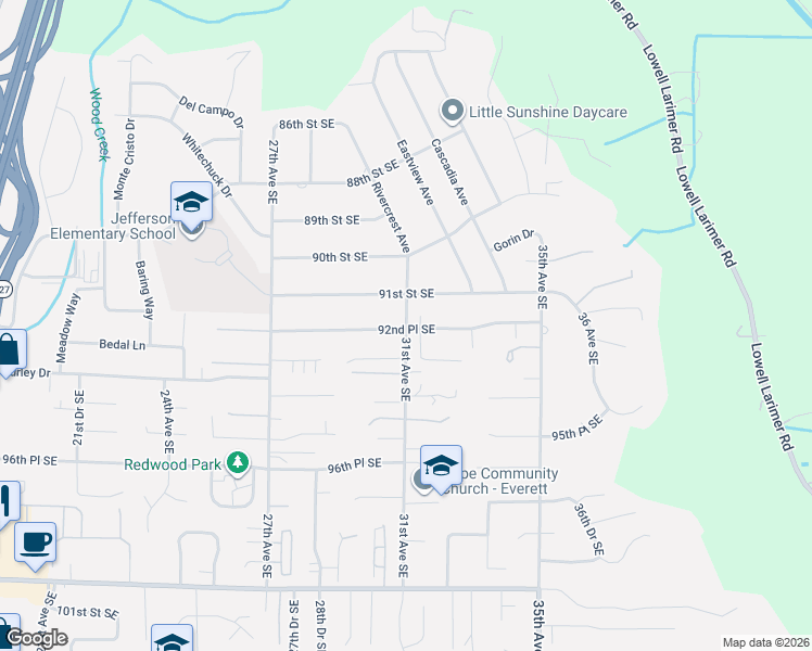 map of restaurants, bars, coffee shops, grocery stores, and more near 3124 91st Street Southeast in Everett