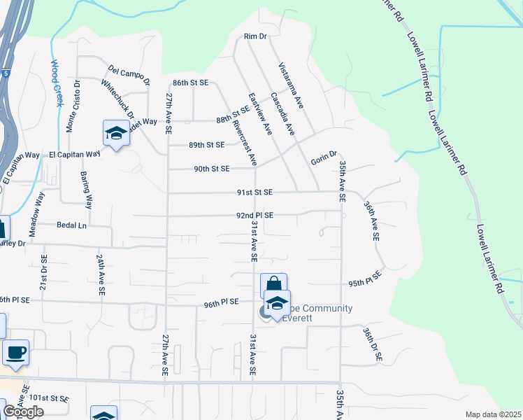 map of restaurants, bars, coffee shops, grocery stores, and more near 3105 92nd Place Southeast in Everett