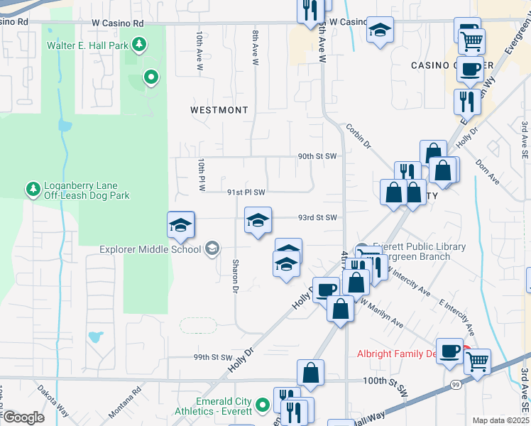 map of restaurants, bars, coffee shops, grocery stores, and more near 719 93rd Street Southwest in Everett