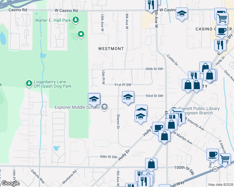 map of restaurants, bars, coffee shops, grocery stores, and more near 9226 Sharon Drive in Everett