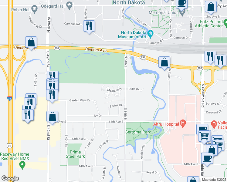 map of restaurants, bars, coffee shops, grocery stores, and more near 3578 Meadow Drive in Grand Forks