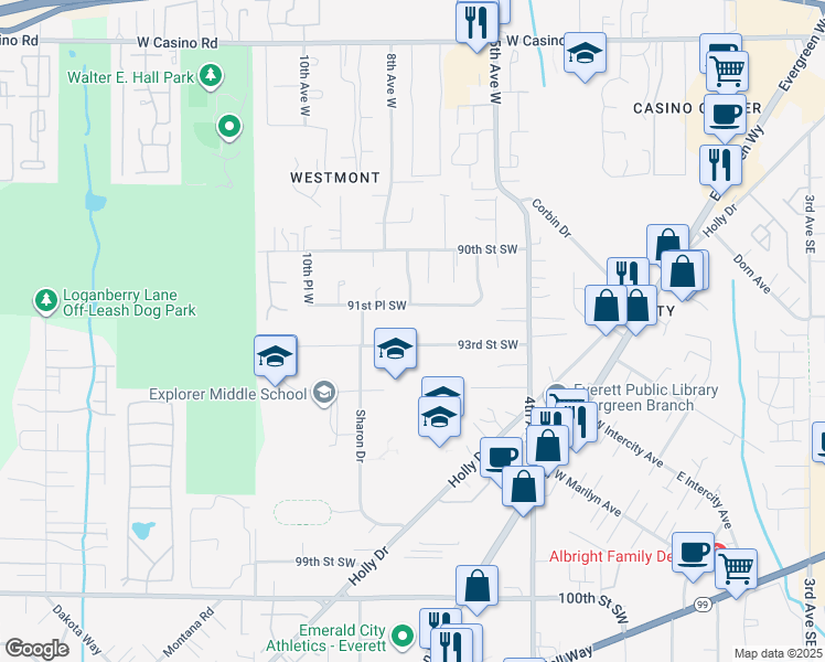 map of restaurants, bars, coffee shops, grocery stores, and more near 719 93rd Street Southwest in Everett
