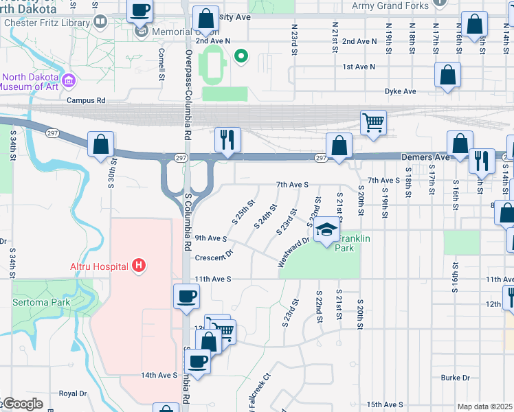 map of restaurants, bars, coffee shops, grocery stores, and more near 715 South 25th Street in Grand Forks