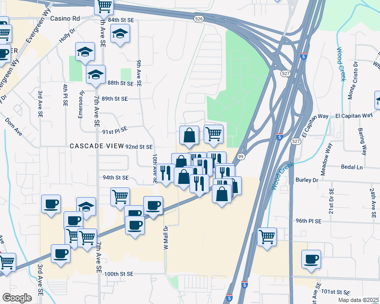 map of restaurants, bars, coffee shops, grocery stores, and more near 1325 Southeast Everett Mall Way in Everett