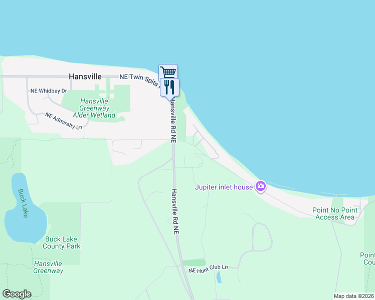 map of restaurants, bars, coffee shops, grocery stores, and more near 7727 Northeast Point No Point Road in Hansville