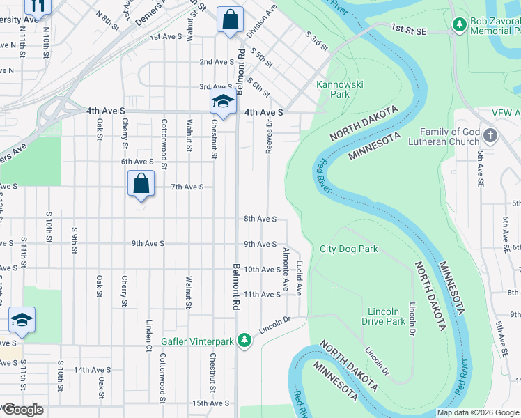 map of restaurants, bars, coffee shops, grocery stores, and more near 722 Reeves Drive in Grand Forks