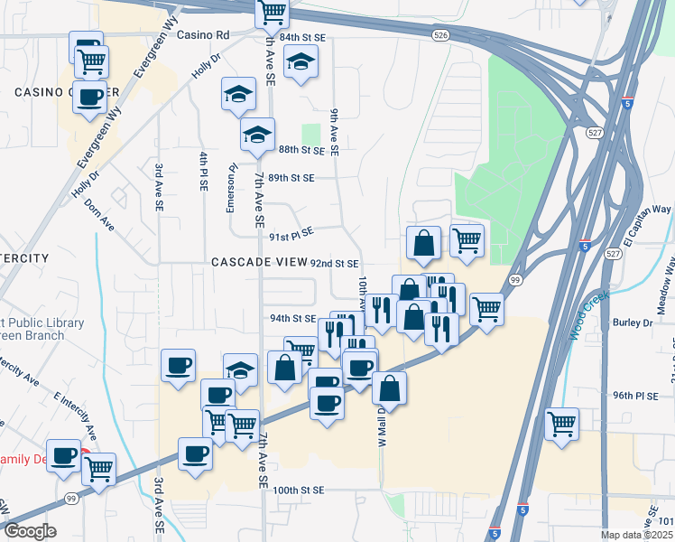 map of restaurants, bars, coffee shops, grocery stores, and more near 910 92nd Street Southeast in Everett