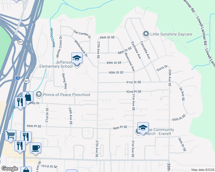 map of restaurants, bars, coffee shops, grocery stores, and more near 2802 91st Street Southeast in Everett