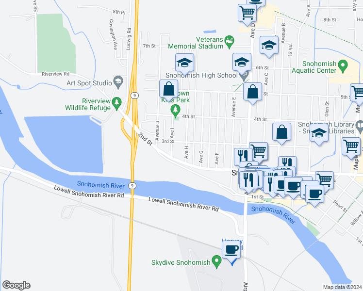 map of restaurants, bars, coffee shops, grocery stores, and more near 222 Avenue H in Snohomish