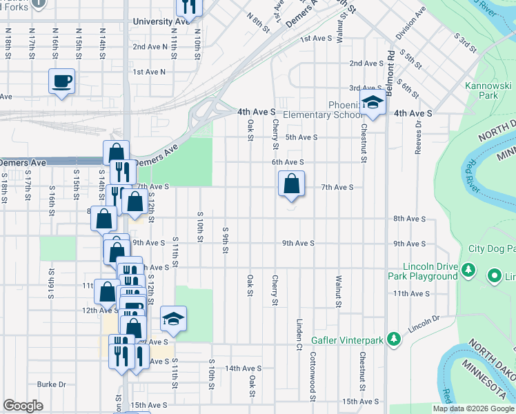 map of restaurants, bars, coffee shops, grocery stores, and more near 717 Oak Street in Grand Forks