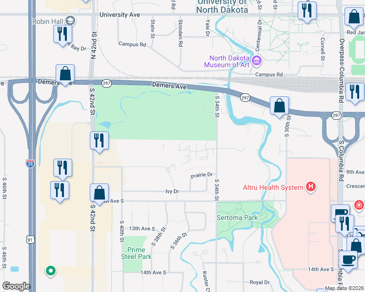 map of restaurants, bars, coffee shops, grocery stores, and more near 3586 Meadow Drive in Grand Forks