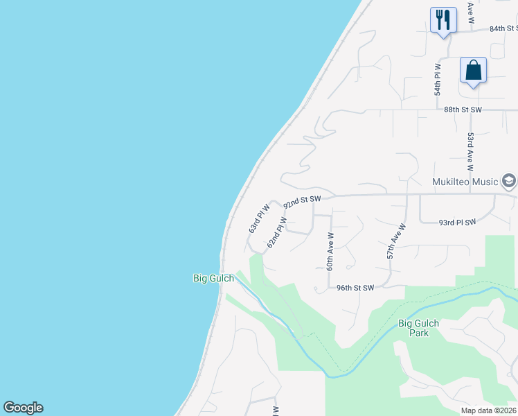 map of restaurants, bars, coffee shops, grocery stores, and more near 9210 63rd Place West in Mukilteo