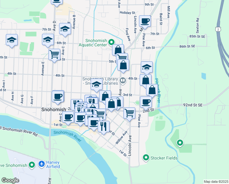map of restaurants, bars, coffee shops, grocery stores, and more near 614 3rd Street in Snohomish