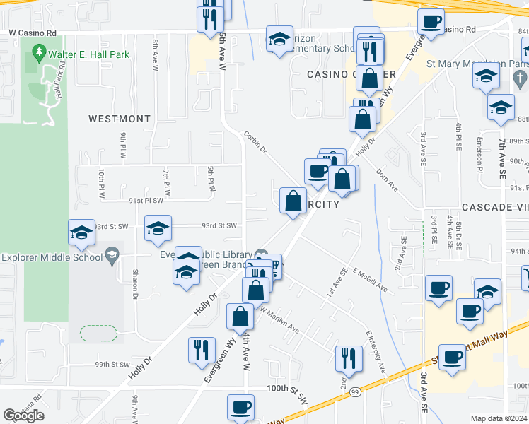 map of restaurants, bars, coffee shops, grocery stores, and more near 9201 4th Avenue West in Everett