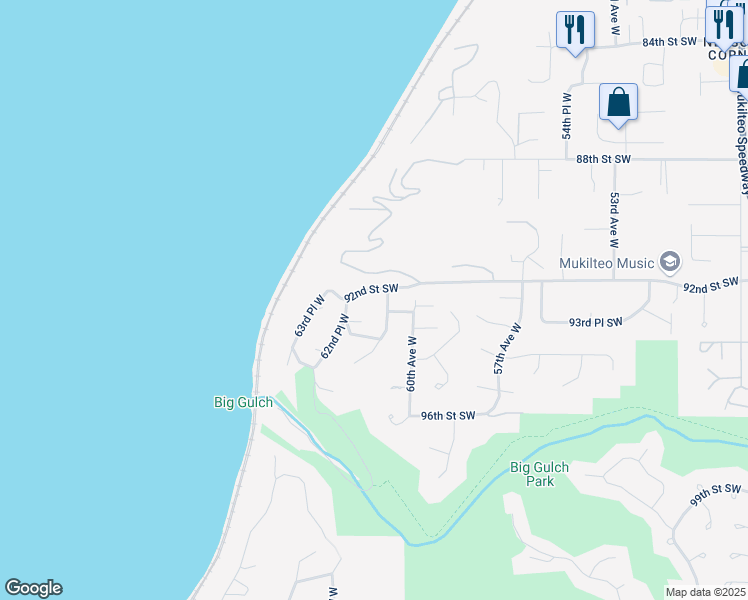 map of restaurants, bars, coffee shops, grocery stores, and more near 6110 92nd Street Southwest in Mukilteo