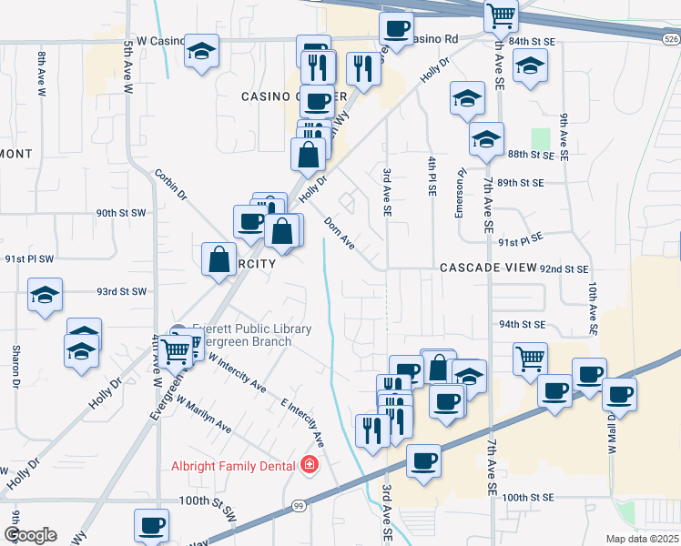 map of restaurants, bars, coffee shops, grocery stores, and more near 9212 1st Dr SE in Everett
