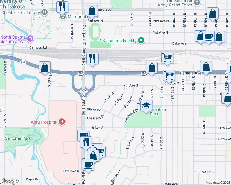 map of restaurants, bars, coffee shops, grocery stores, and more near 715 South 25th Street in Grand Forks