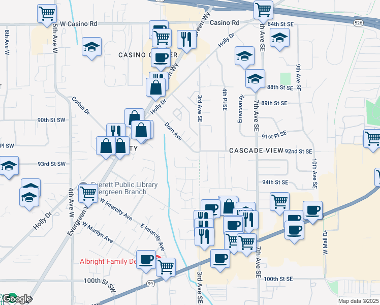 map of restaurants, bars, coffee shops, grocery stores, and more near 232 Dorn Avenue in Everett