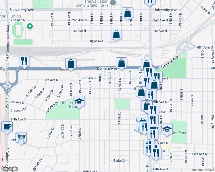 map of restaurants, bars, coffee shops, grocery stores, and more near 716 South 17th Street in Grand Forks