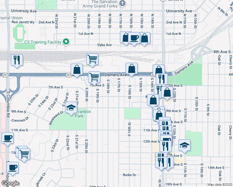map of restaurants, bars, coffee shops, grocery stores, and more near 716 South 17th Street in Grand Forks