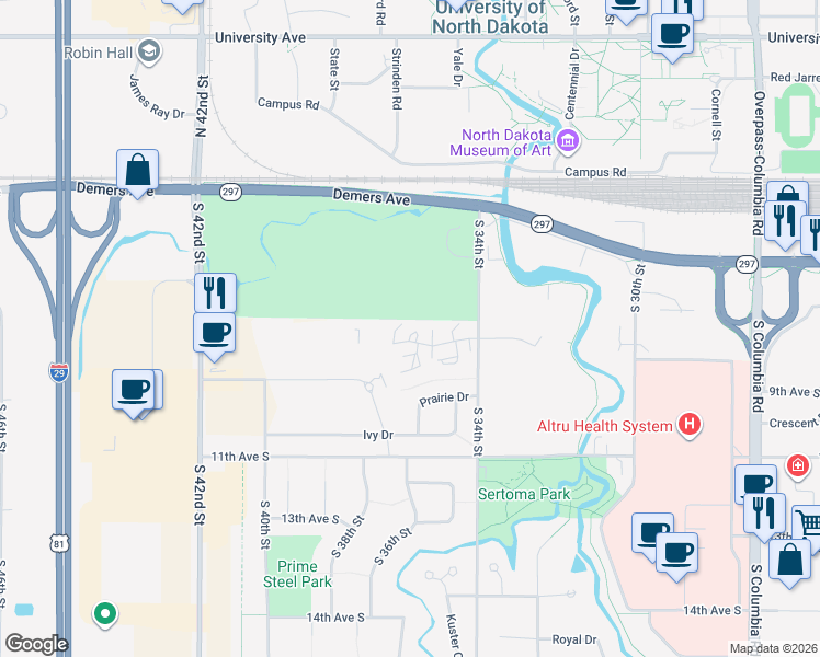 map of restaurants, bars, coffee shops, grocery stores, and more near 3586 Meadow Drive in Grand Forks